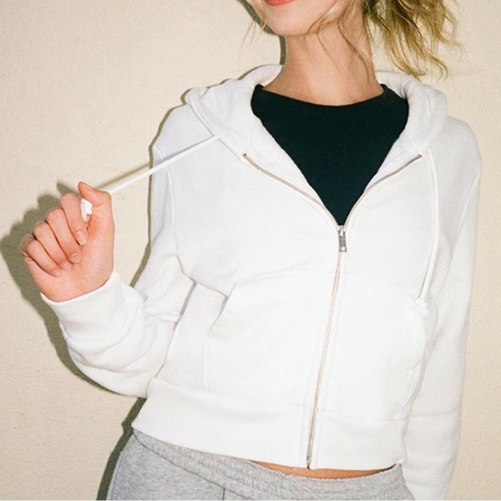Brandy Melville John Galt White Crystal Cropped Hoodie White Full zip hooded